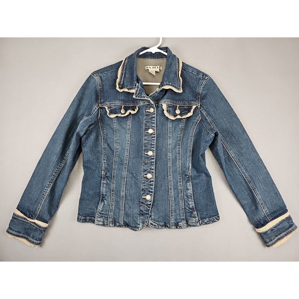 AMI Jean Jacket Women's Size Large Long Sleeve Lace Trim Cottagecore Boho
